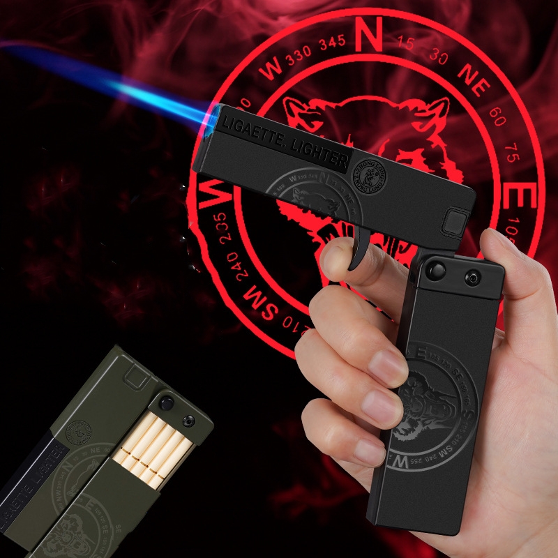 Folding lighter with spray effect and storage box, 2 metal silencers