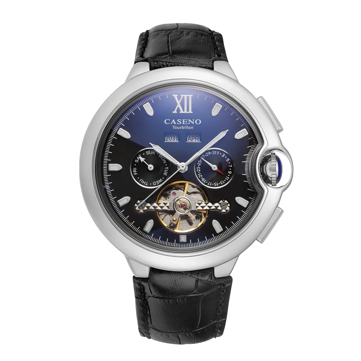 CASENO Tourbillon Automatic Mechanical Watch Blue Light Crystal Waterproof Men's Watch Multi-Function Watch