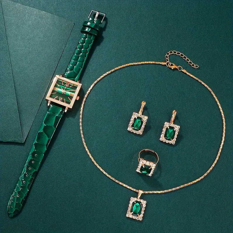 Women's watch vintage square pointer quartz watch analog green wristwatch and rhinestone jewelry set, gift for mom her
