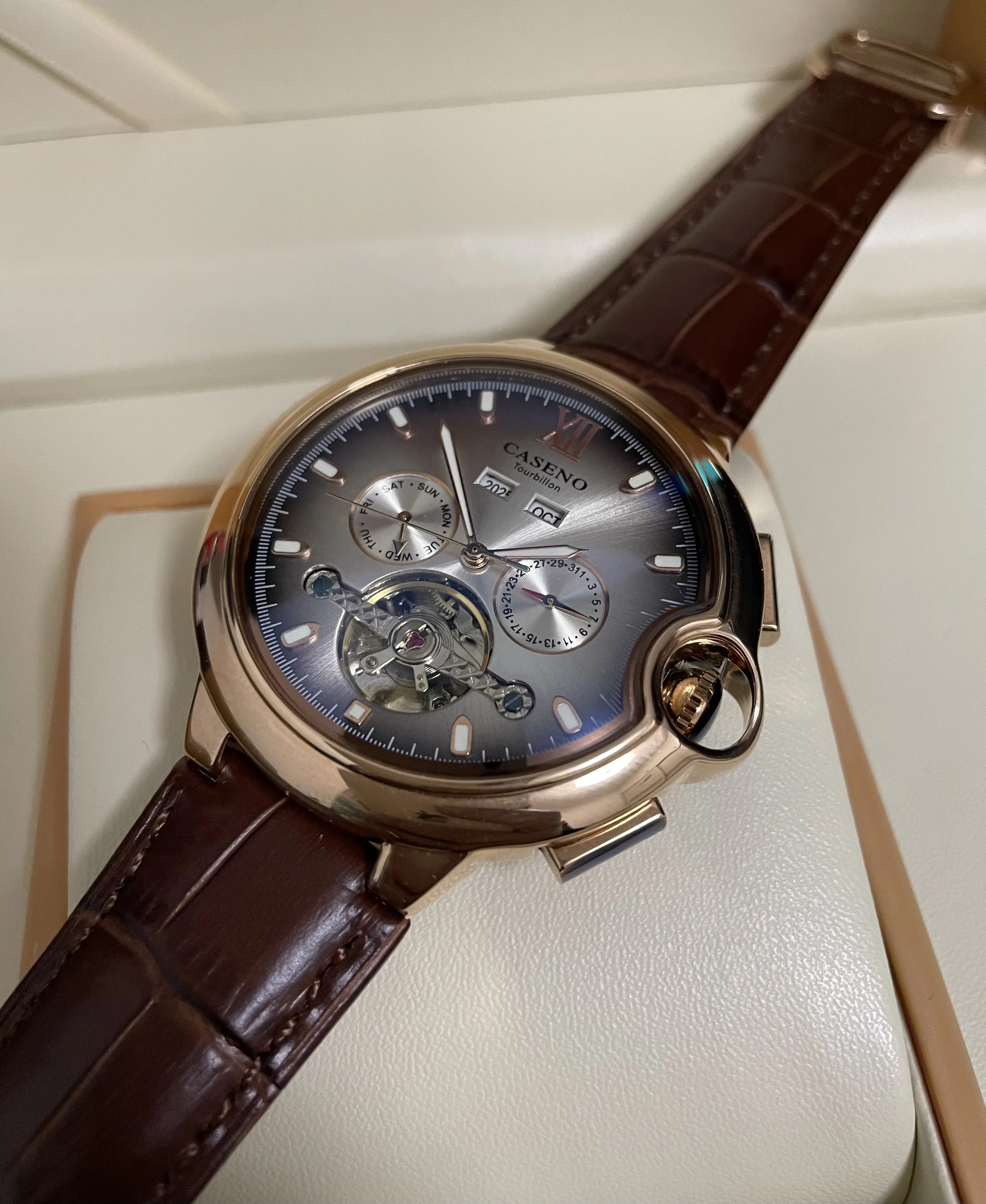 CASENO Tourbillon Automatic Mechanical Watch Blue Light Crystal Waterproof Men's Watch Multi-Function Watch