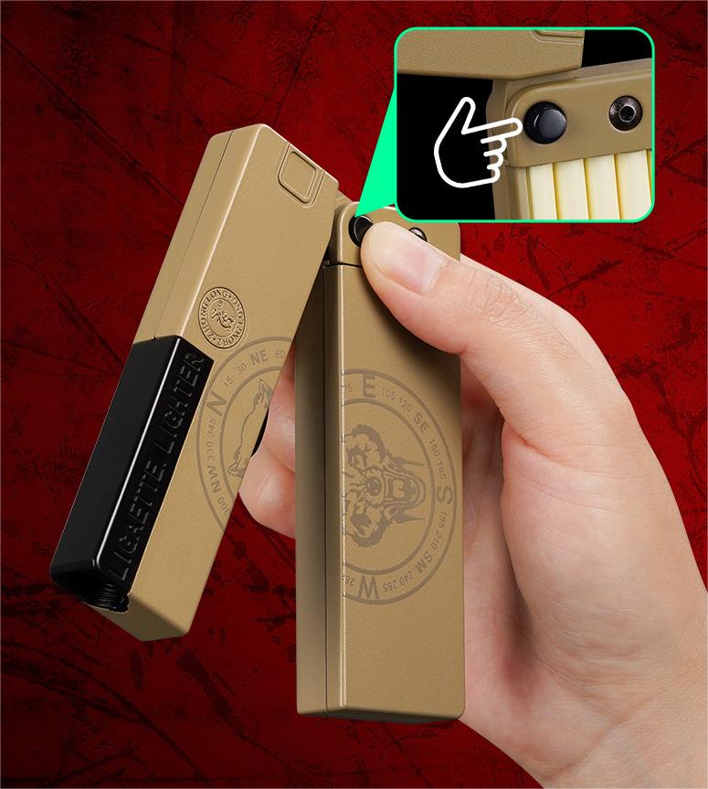 Folding lighter with spray effect and storage box, 2 metal silencers