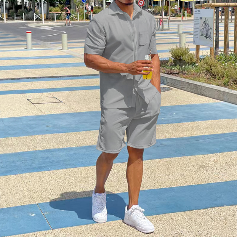 Summer men's short-sleeved suit lapel shirt shorts casual suit men's two-piece suit