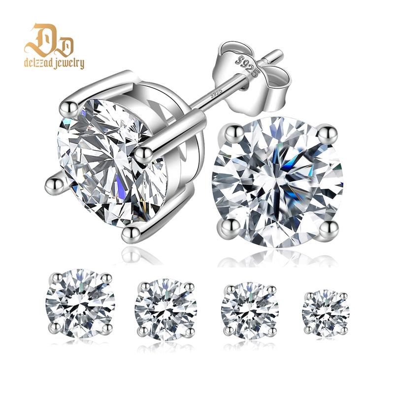 Delzzad S925 Round Synthetic Moissanite Stud Earrings Anniversary Day Gifts For Men Women