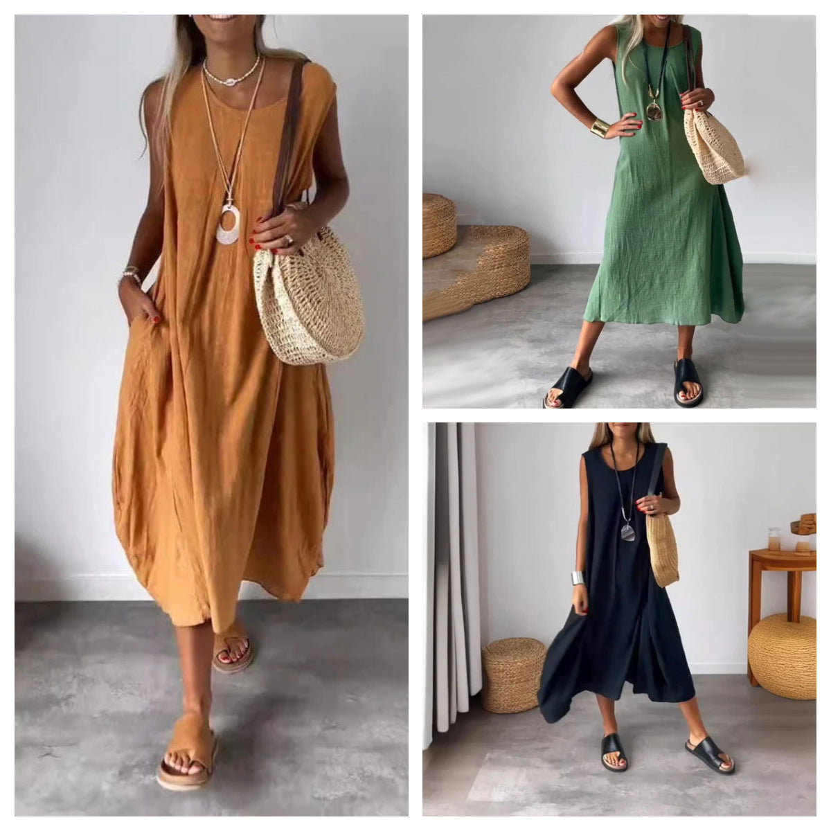 Sleeveless cotton linen dress with pockets