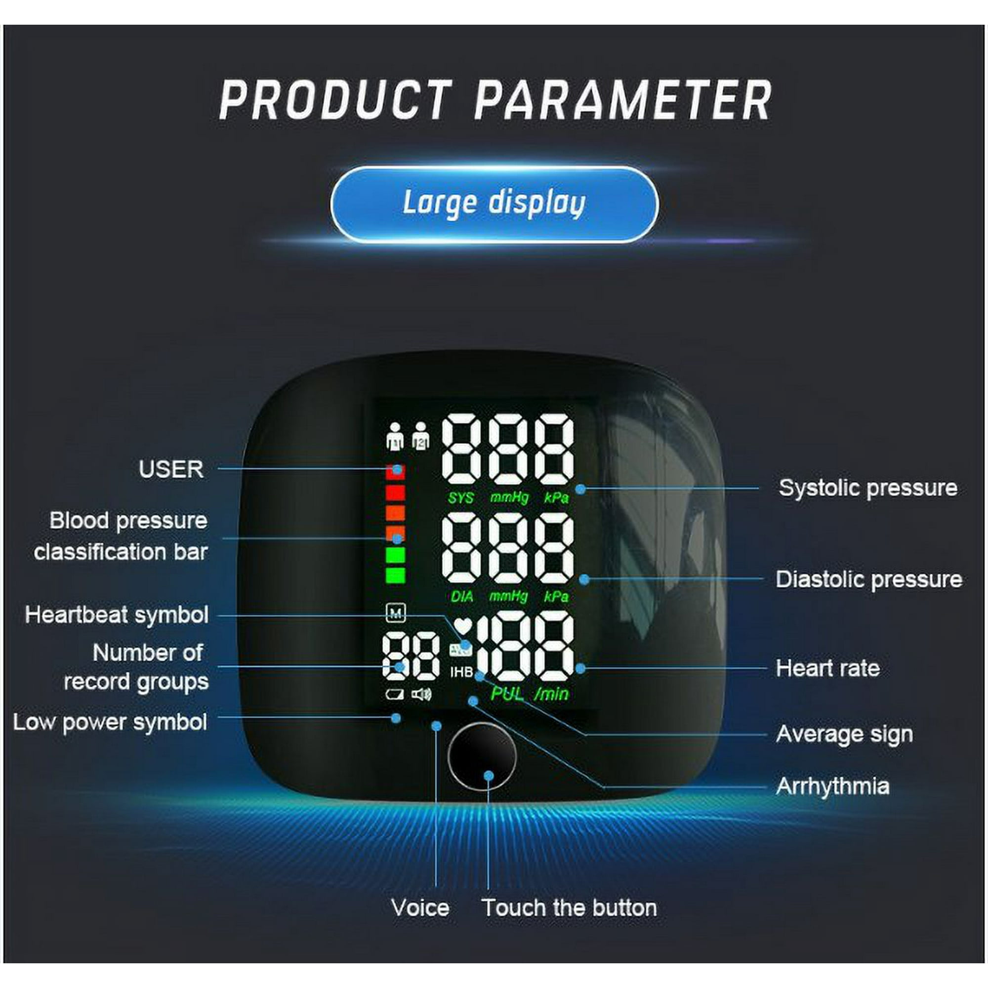 2024 Blood Pressure Monitor Three-color Screen Wrist Measurement Hypertension Detector Voice Charging Blood Pressure Monitor
