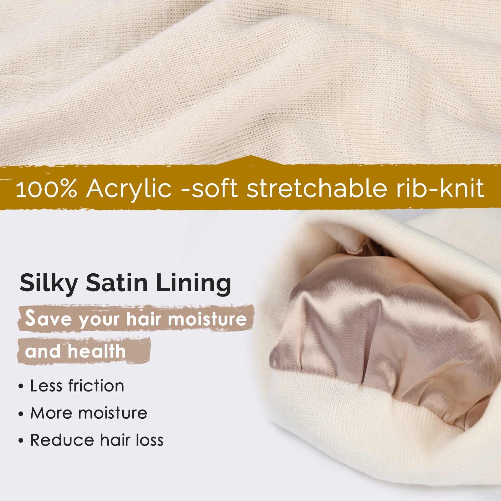 Women's satin knit hat, made of acrylic material, soft and warm, silk lining, unisex