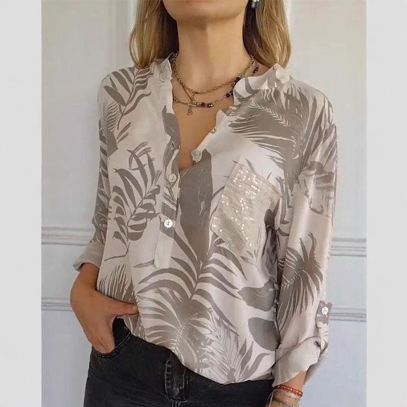 🔥Women's top with printed lapels and adjustable sleeves