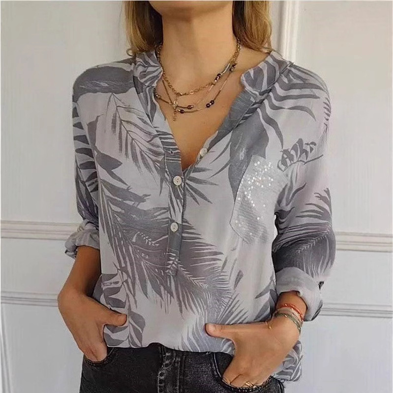 🔥Women's top with printed lapels and adjustable sleeves