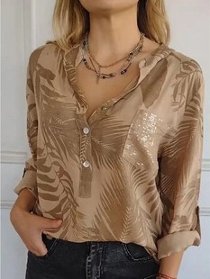 🔥Women's top with printed lapels and adjustable sleeves