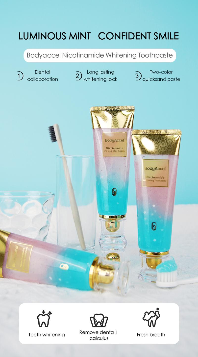 Product Introduction of Bodyaccel Toothpaste's newest fast-acting whitening formula - derived from natural peach extract - niacinamide! 10