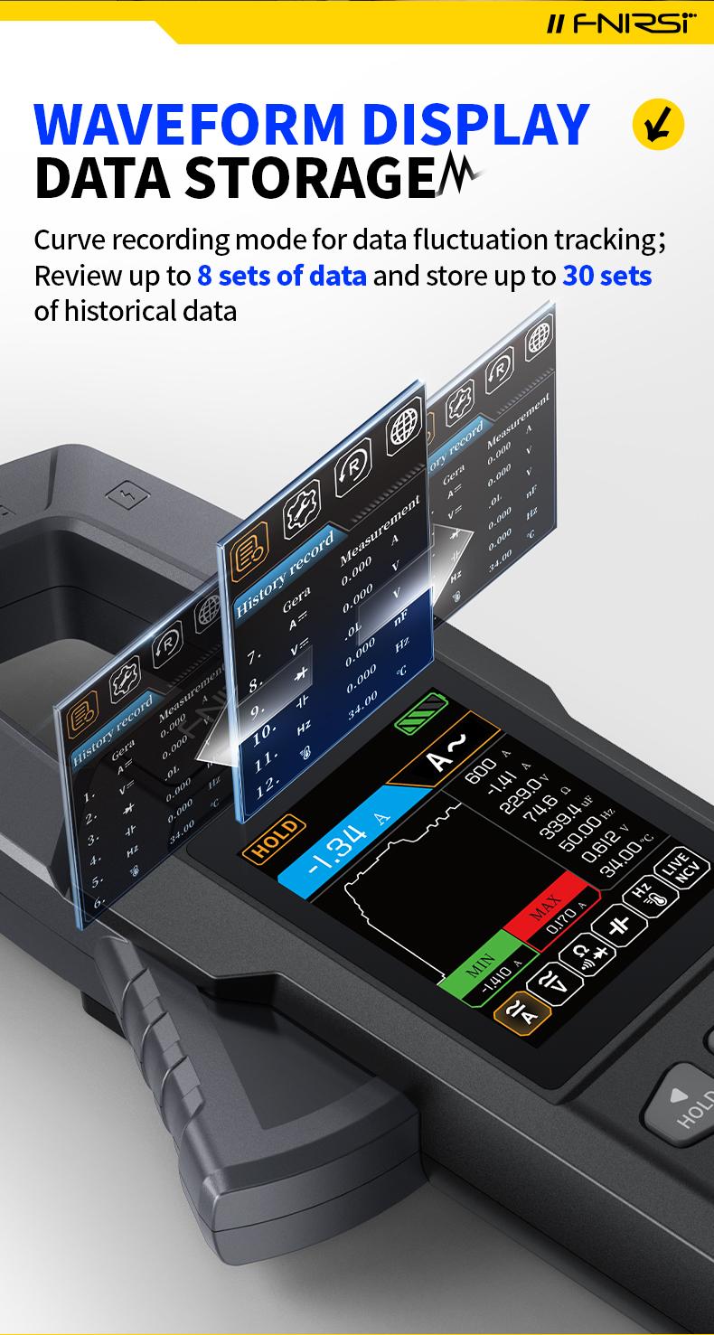 Product Introduction of FNIRSI DMC-100 DC AC Current Voltage Clamp Meter USB Charger 10000 Counts 600A Amperimetric Clamp Tester NCV Electrician Tools 7