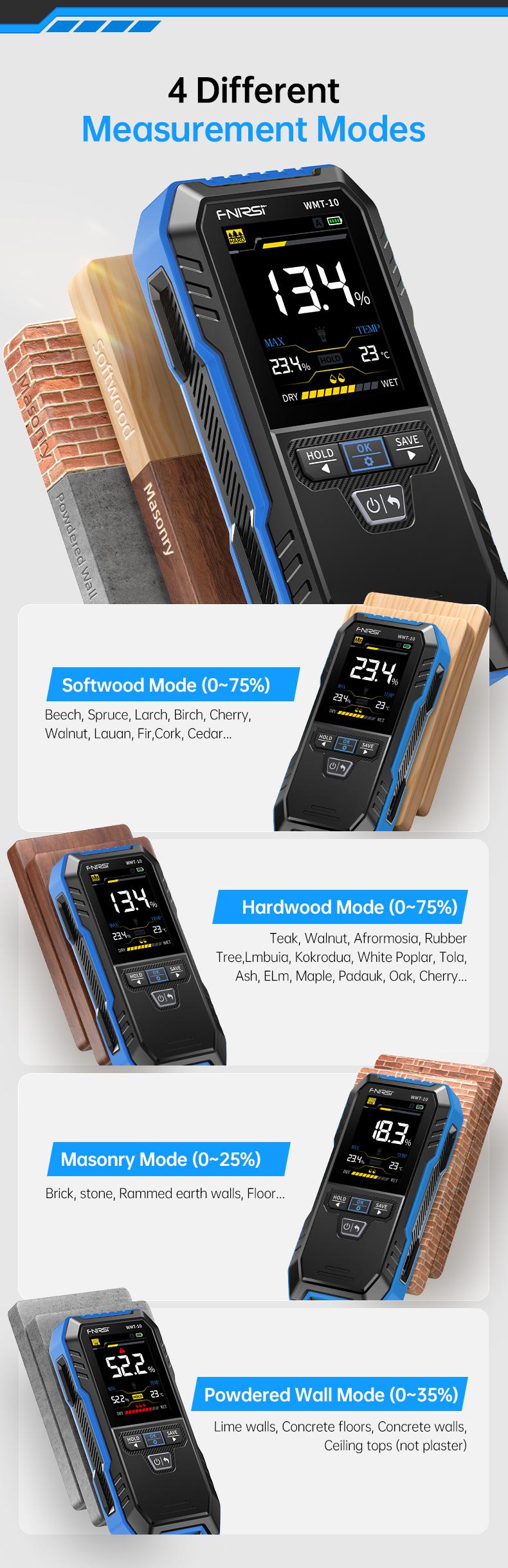 FNIRSI WMT-10 Rechargable Wood Moisture Meter Pinless 4-in-1 Detector with 2.4-inch Color Screen & 1000mAh Battery for Home & Building Use