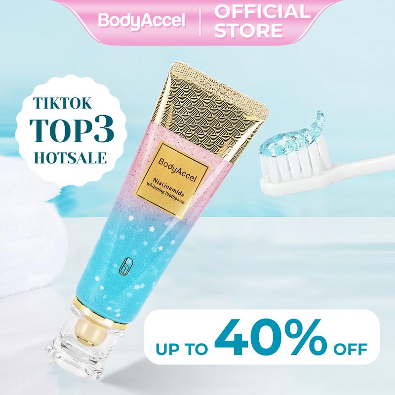 Bodyaccel Toothpaste's newest fast-acting whitening formula - derived from natural peach extract - niacinamide!