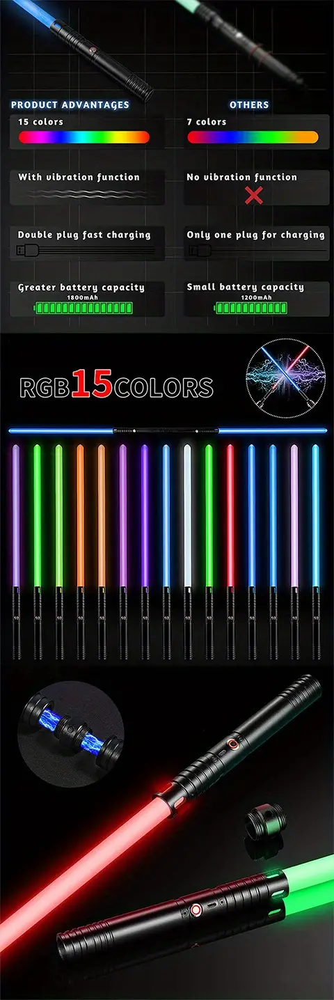 light saber rgb 15 colors with memory mode vibration light saber can charge double light saber suitable for adults and children halloween role playing aluminum alloy handle details 1