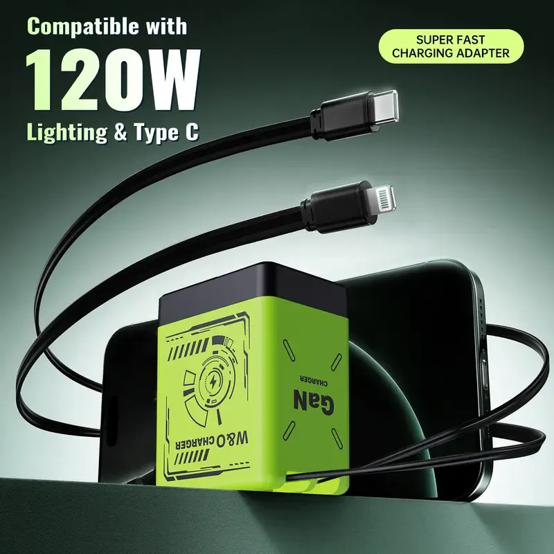 W&O GaN Charger Compatible with 120W Fast Charger with Retractable Type-C and ligting Cable,Portable Adapter for iPhone 16, iPad, MacBook, Multi-Device Fast Charging, Folding Charing Cellphone Electronic