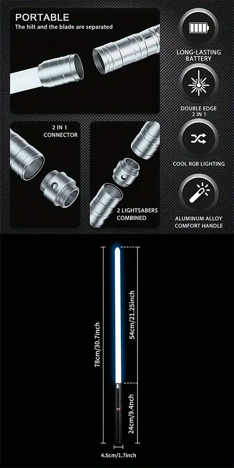 light saber rgb 15 colors with memory mode vibration light saber can charge double light saber suitable for adults and children halloween role playing aluminum alloy handle details 3
