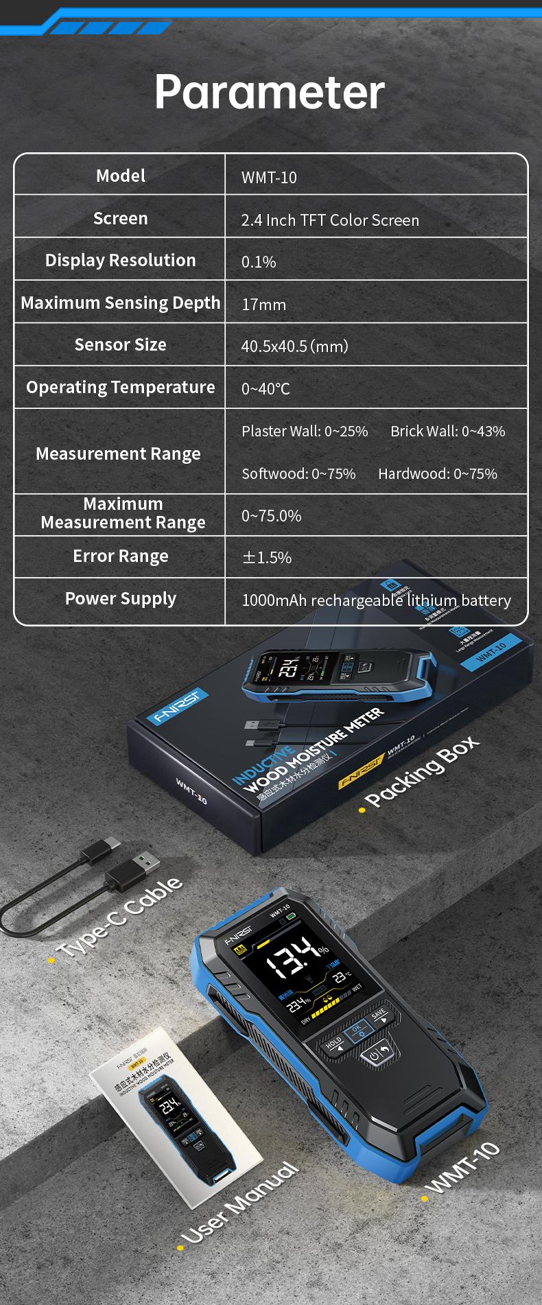 FNIRSI WMT-10 Rechargable Wood Moisture Meter Pinless 4-in-1 Detector with 2.4-inch Color Screen & 1000mAh Battery for Home & Building Use