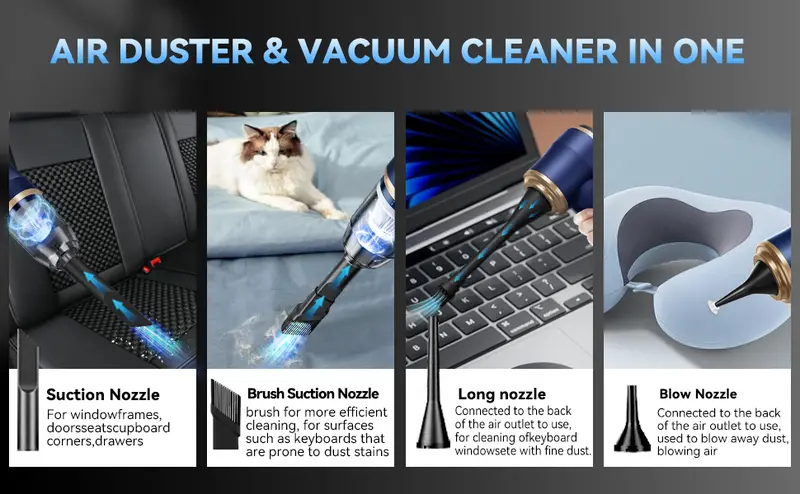 Product Introduction of BELBUY Handheld Car Vacuum Cleaner, 19000Pa Vacuum Cleaner and Air Gun, 120W High-Power Wireless Handheld Car Vacuum Cleaner, equipped with two filters and multiple nozzles, suitable for cars, homes, offices, and pets. 7