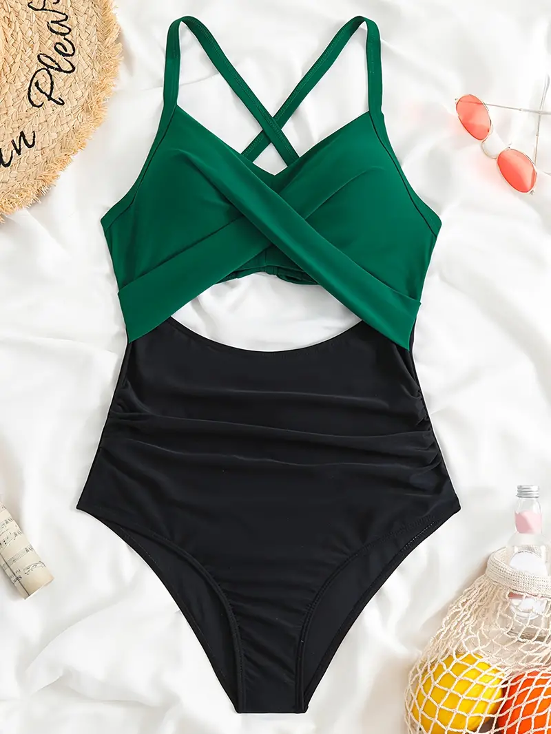 color block twist cut out stretchy   swimsuit tie back criss cross ruched tummy control bathing suits womens swimwear clothing valentines day details 14