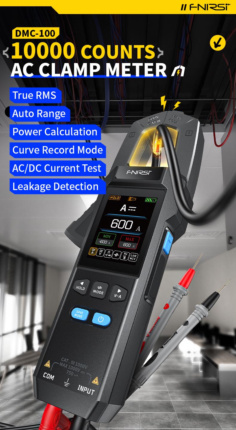 Product Introduction of FNIRSI DMC-100 DC AC Current Voltage Clamp Meter USB Charger 10000 Counts 600A Amperimetric Clamp Tester NCV Electrician Tools 2
