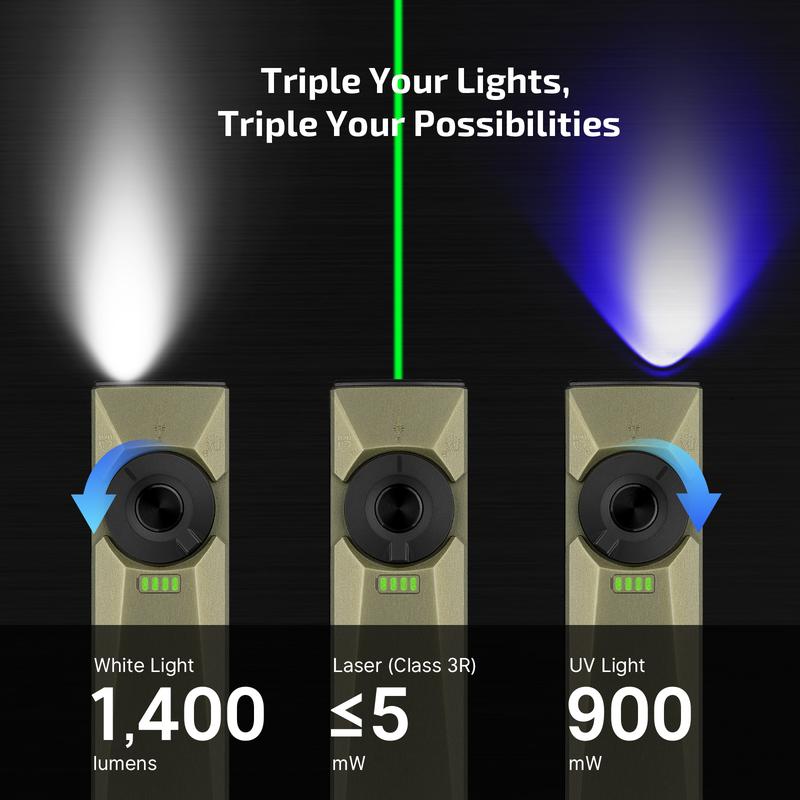 Rechargeable EDC Flashlight with Green Beam, UV Light and White LED Combo, 1300 Lumens Pocket Lights