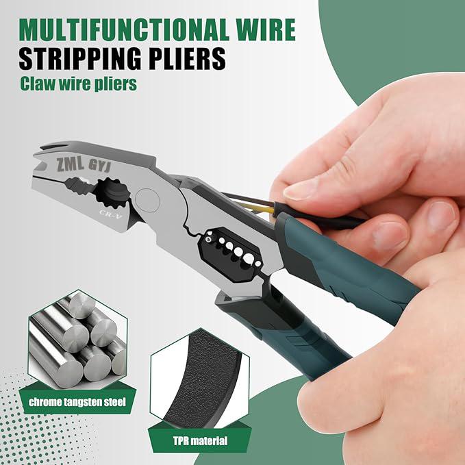  6-in-1 Multi-Function Wire Stripper Pliers Powerful cutting capability CR-V multi-function nail-pulling structure Chromium-vanadium steel construction Suitable for nails, iron wire, electrical wires, and cables