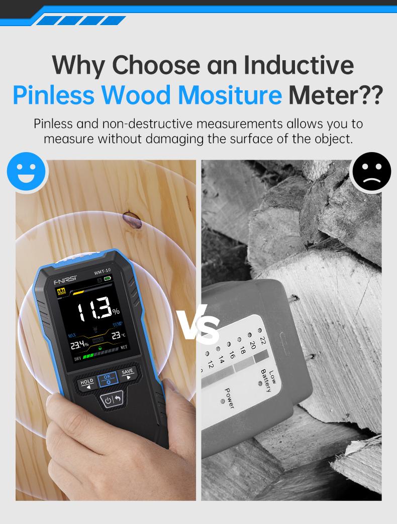 FNIRSI WMT-10 Rechargable Wood Moisture Meter Pinless 4-in-1 Detector with 2.4-inch Color Screen & 1000mAh Battery for Home & Building Use