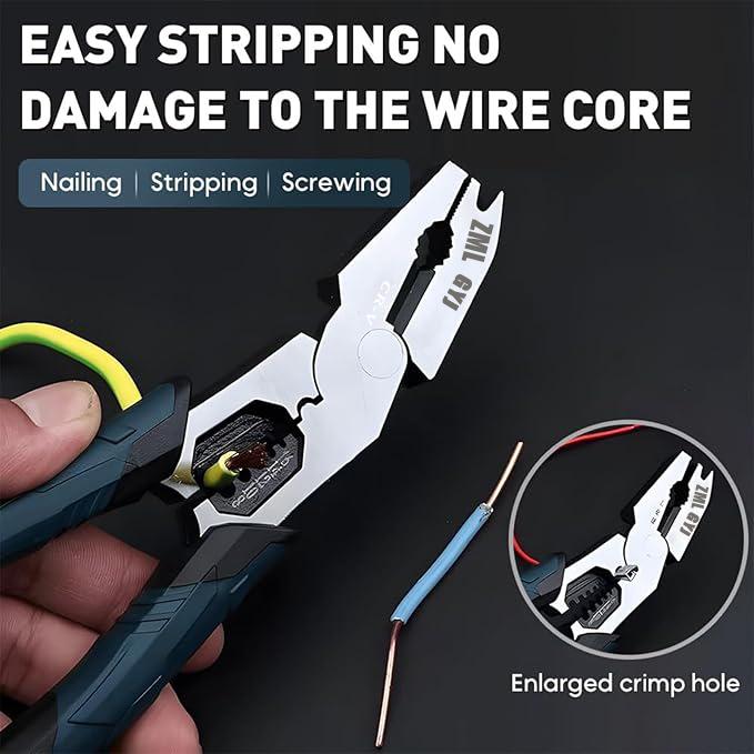  6-in-1 Multi-Function Wire Stripper Pliers Powerful cutting capability CR-V multi-function nail-pulling structure Chromium-vanadium steel construction Suitable for nails, iron wire, electrical wires, and cables