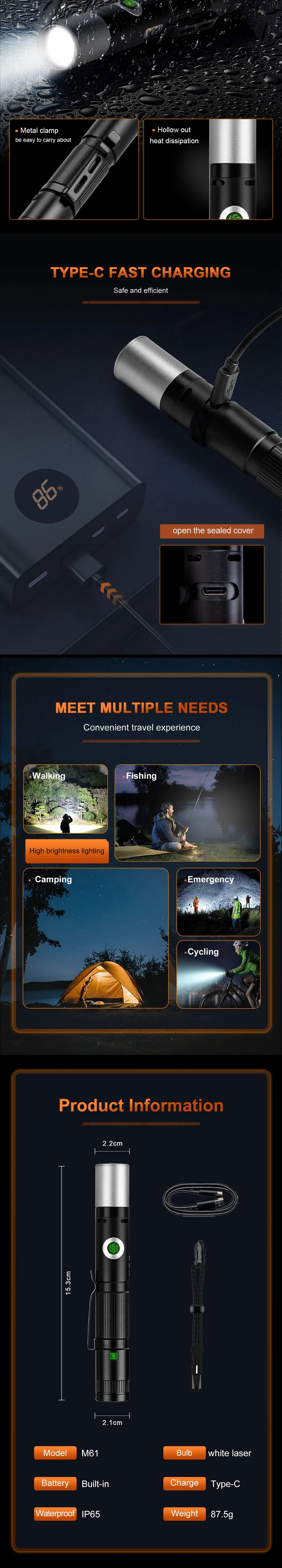 Helius Arc Cigarette Lighter Magnets Zoomable Linterna USB Rechargeable Lantern White LED Torch Light Tactical Flashlight