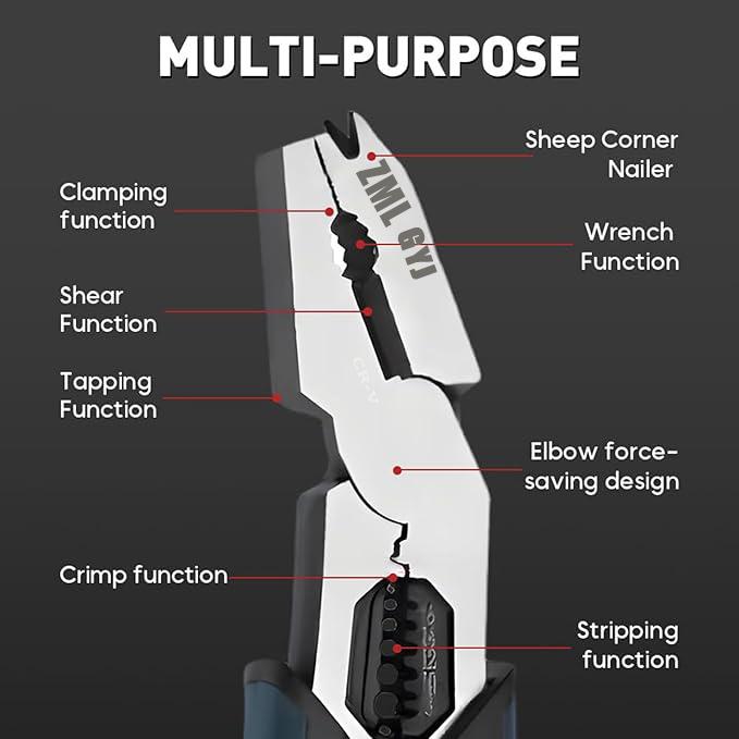  6-in-1 Multi-Function Wire Stripper Pliers Powerful cutting capability CR-V multi-function nail-pulling structure Chromium-vanadium steel construction Suitable for nails, iron wire, electrical wires, and cables