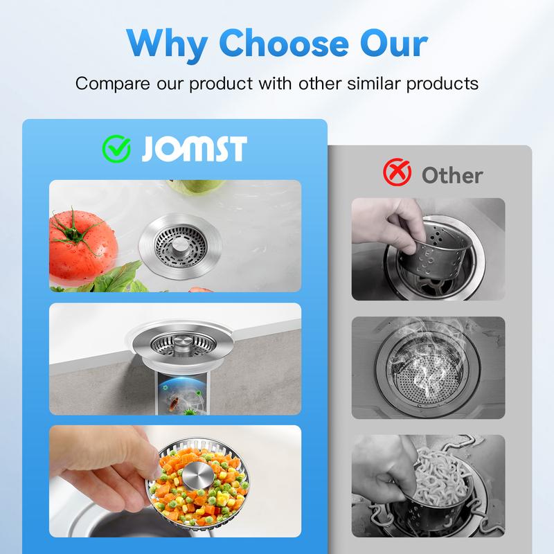 JOMST 3-in-1 Kitchen Sink Drain Strainer, Stainless Steel Sink Plug, Deodorizing Anti-Clog Basket Strainer 