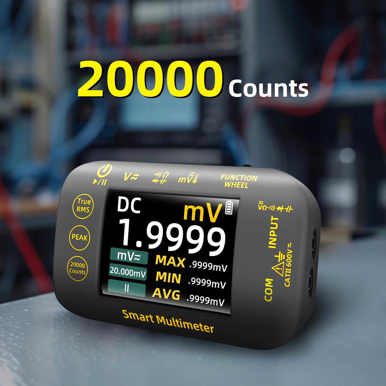 Digital multimeter, can measure capacitance, diode, maximum/minimum/peak voltage, temperature, resistance, continuity