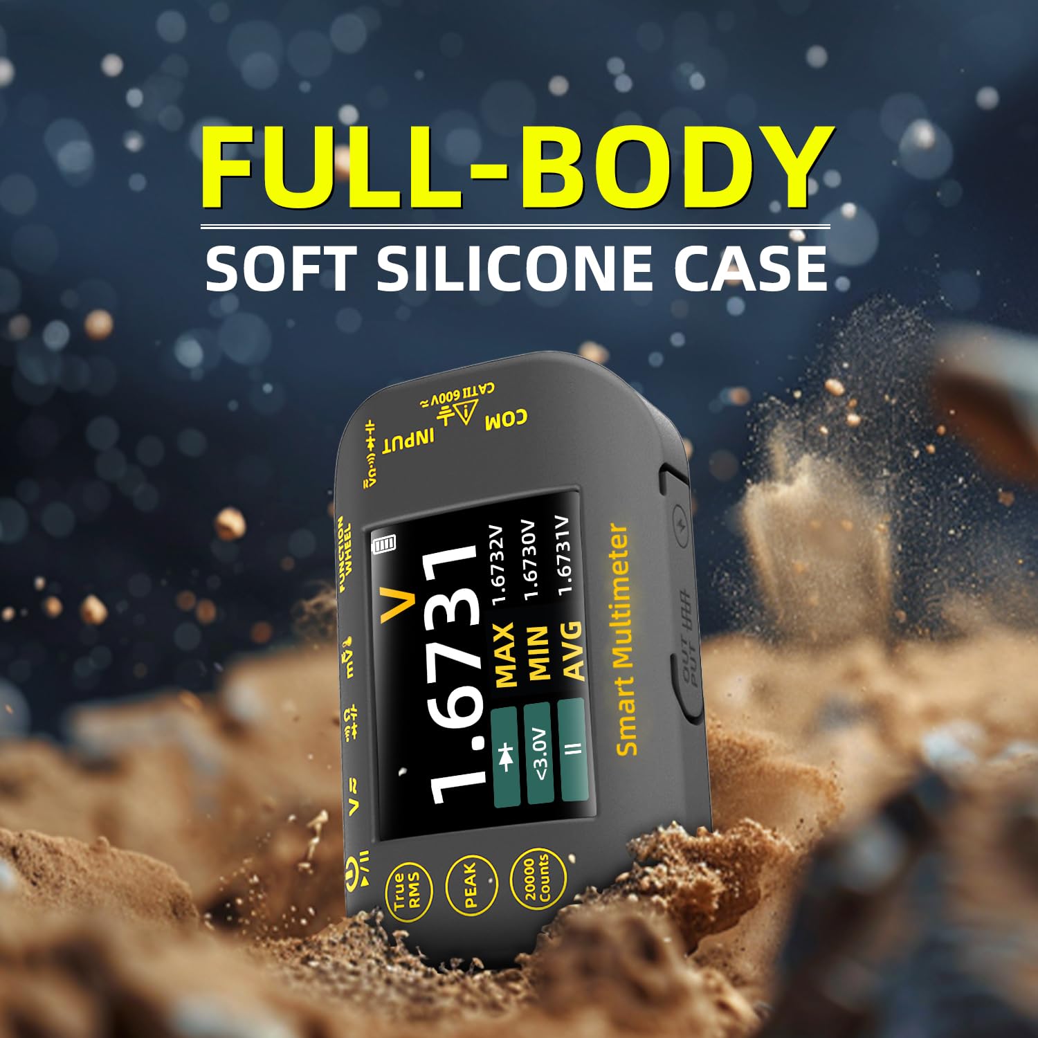 Digital multimeter, can measure capacitance, diode, maximum/minimum/peak voltage, temperature, resistance, continuity