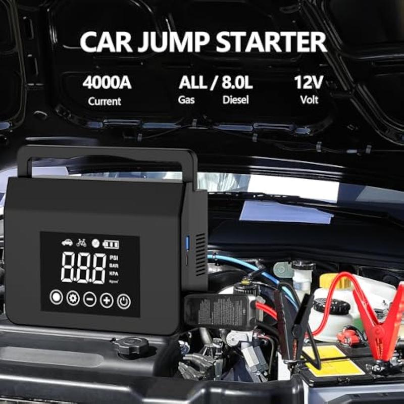 【Hieha】Portable Car Jump Starter with Air Compressor,4000A Car Battery Jump Starter (ALL Gas/7.0L Diesel) with 150PSI Tire Inflator, 12V Car Battery Jump Power,15000mAh Power Bank With LED Light