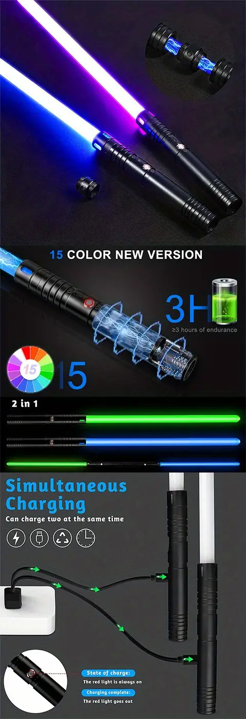 light saber rgb 15 colors with memory mode vibration light saber can charge double light saber suitable for adults and children halloween role playing aluminum alloy handle details 0
