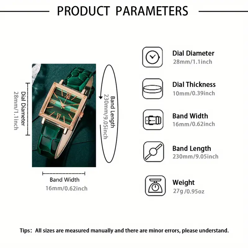 5pcs set womens watch vintage square pointer quartz watch analog green wrist watch rhinestone jewelry set gift for mom her details 0