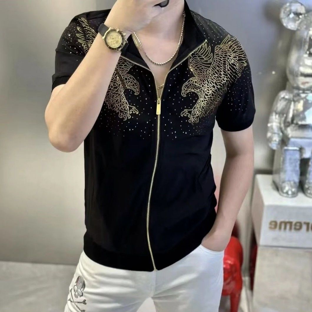 New 2025 new style stand collar cardigan printed men's short sleeve