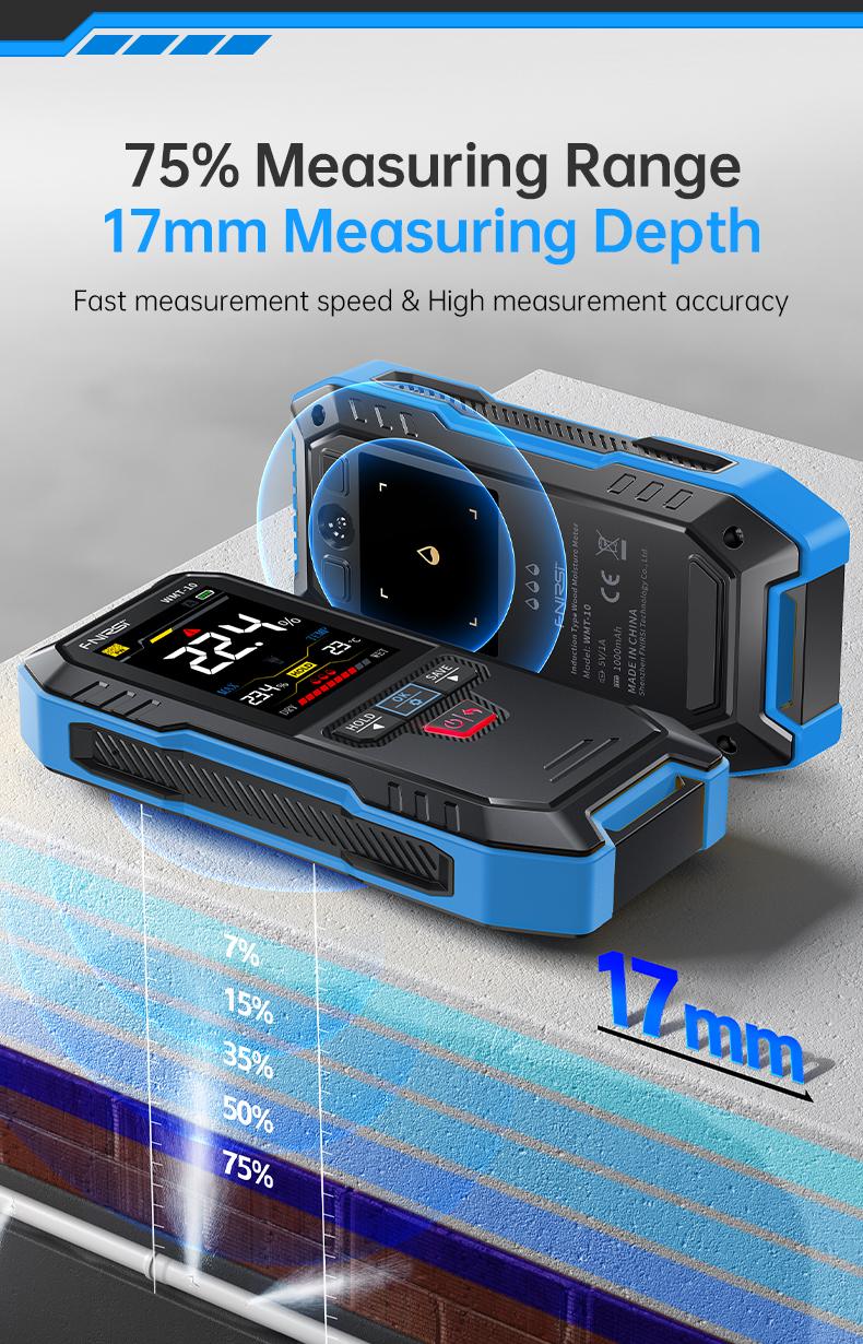 FNIRSI WMT-10 Rechargable Wood Moisture Meter Pinless 4-in-1 Detector with 2.4-inch Color Screen & 1000mAh Battery for Home & Building Use