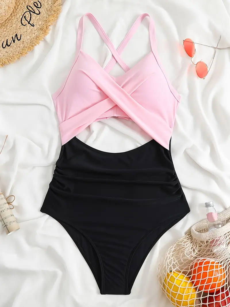 color block twist cut out stretchy   swimsuit tie back criss cross ruched tummy control bathing suits womens swimwear clothing valentines day details 20