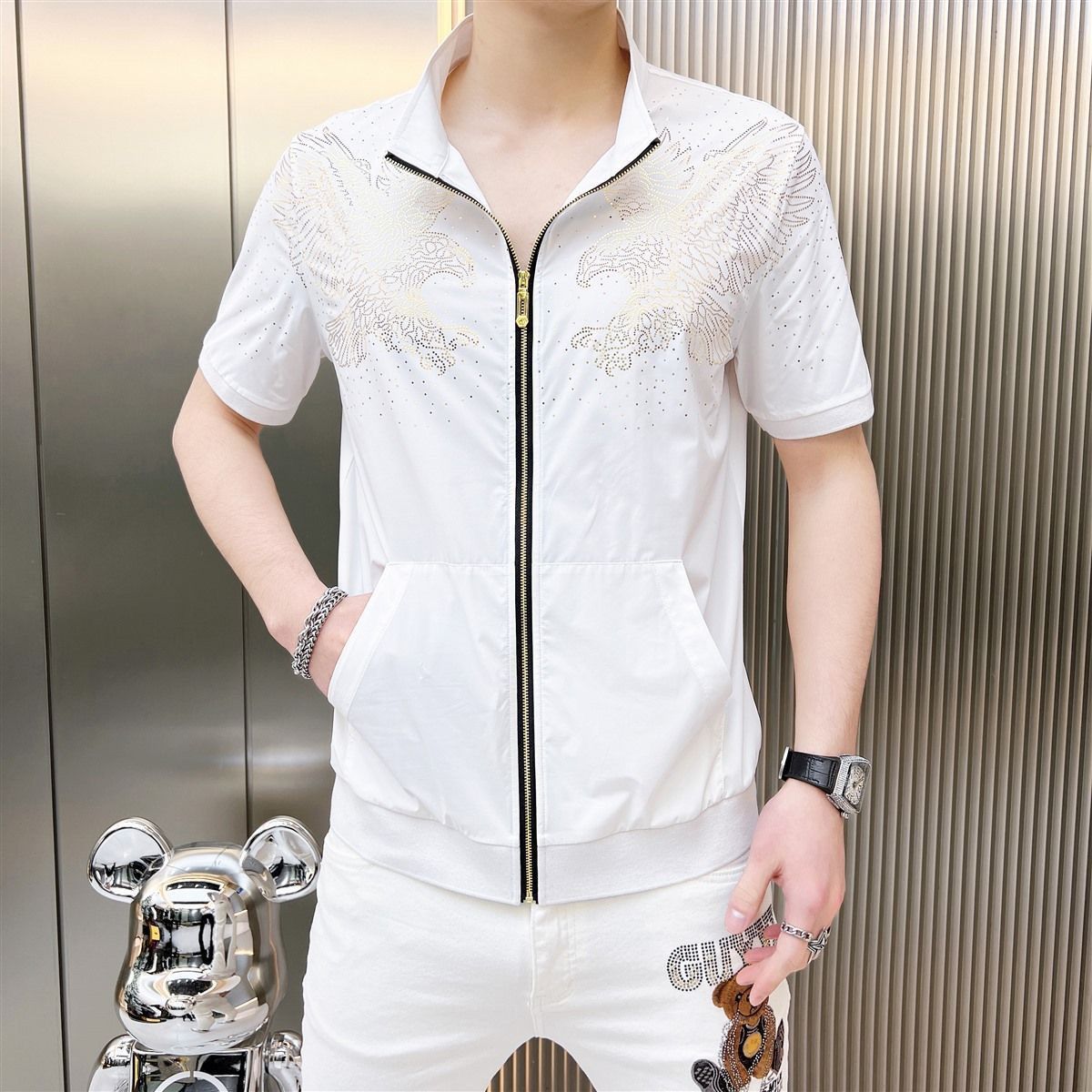 New 2025 new style stand collar cardigan printed men's short sleeve
