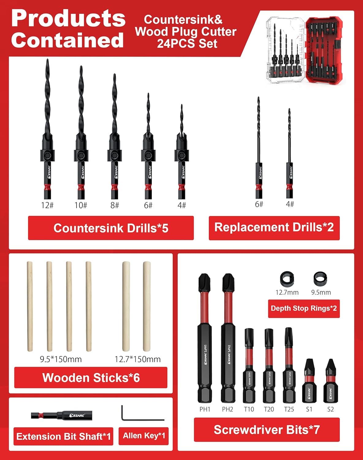 15/24PCS Countersink Drill Bit Set with Storage Box