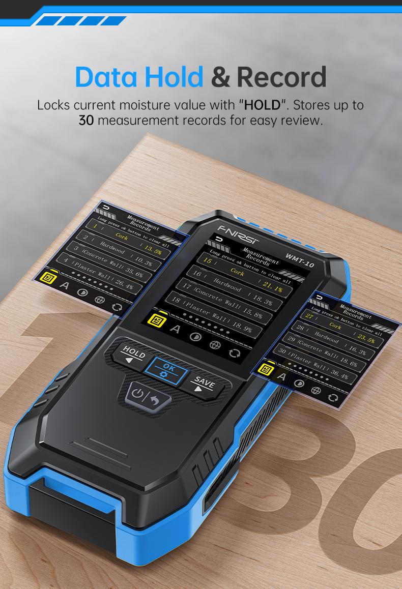 FNIRSI WMT-10 Rechargable Wood Moisture Meter Pinless 4-in-1 Detector with 2.4-inch Color Screen & 1000mAh Battery for Home & Building Use