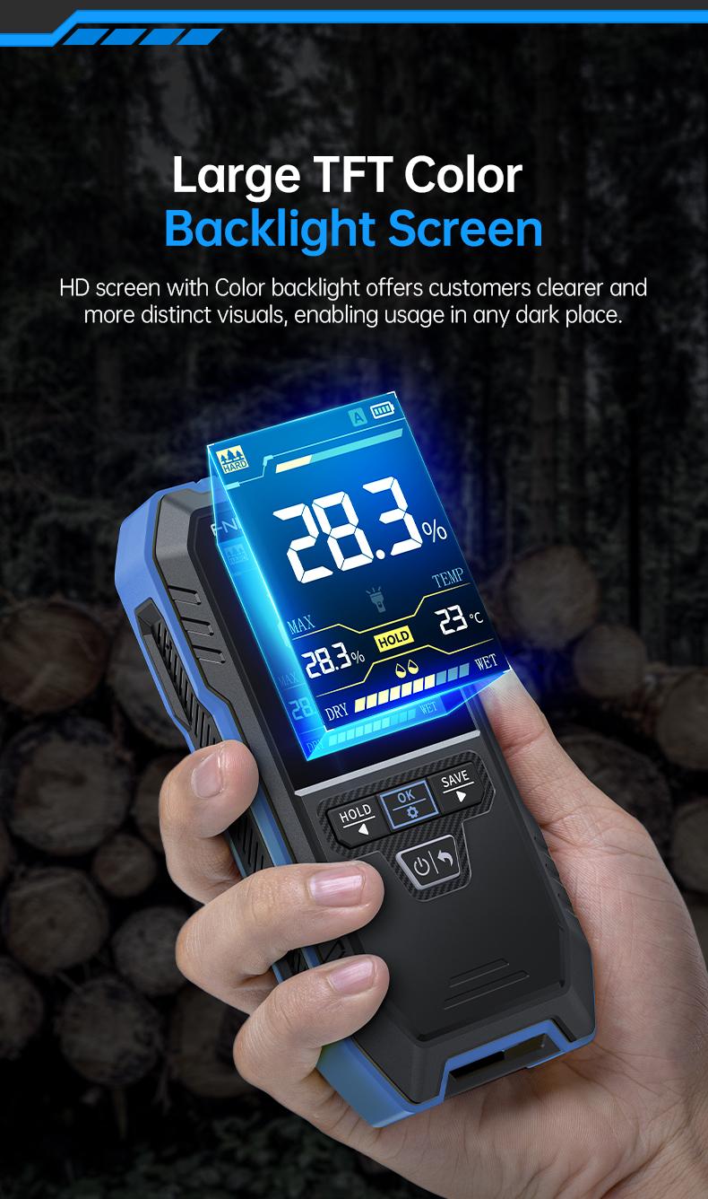 FNIRSI WMT-10 Rechargable Wood Moisture Meter Pinless 4-in-1 Detector with 2.4-inch Color Screen & 1000mAh Battery for Home & Building Use