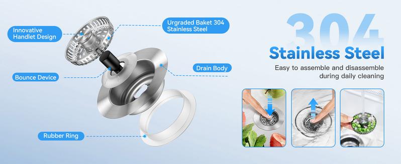 Product Introduction of JOMST 3-in-1 Kitchen Sink Drain Strainer, Stainless Steel Sink Plug, Deodorizing Anti-Clog Basket Strainer for US Standard 3-1/2 Inch Drains 1