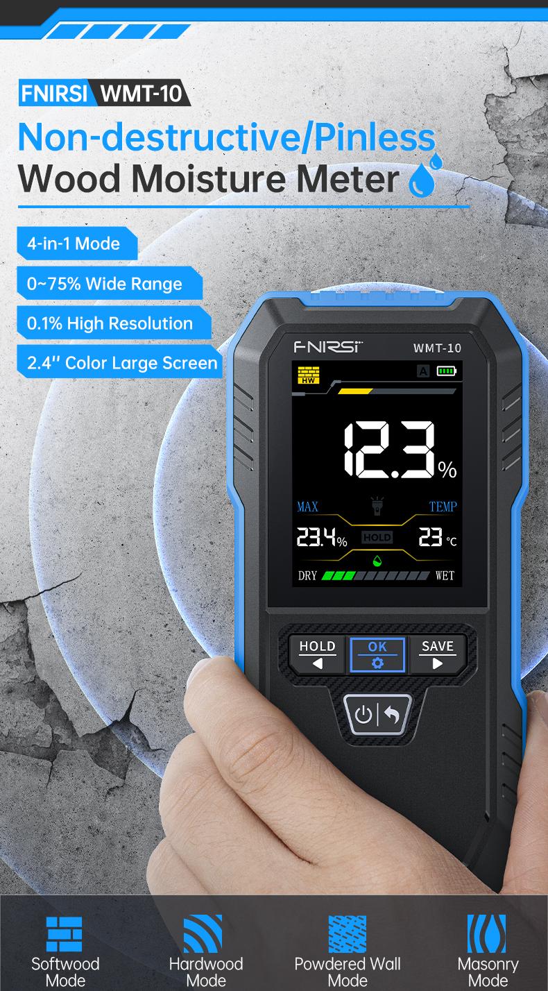 FNIRSI WMT-10 Rechargable Wood Moisture Meter Pinless 4-in-1 Detector with 2.4-inch Color Screen & 1000mAh Battery for Home & Building Use