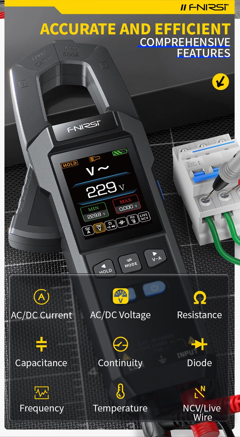Product Introduction of FNIRSI DMC-100 DC AC Current Voltage Clamp Meter USB Charger 10000 Counts 600A Amperimetric Clamp Tester NCV Electrician Tools 3