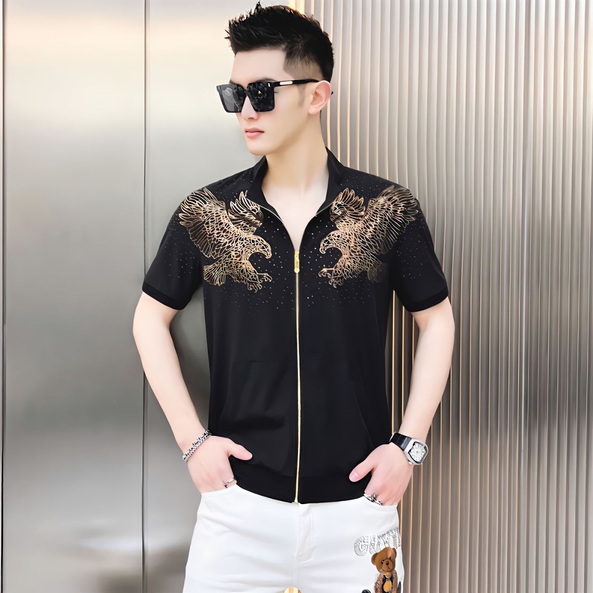 New 2025 new style stand collar cardigan printed men's short sleeve