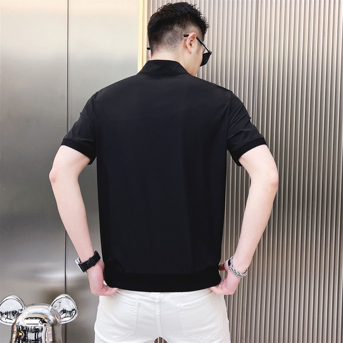 New 2025 new style stand collar cardigan printed men's short sleeve