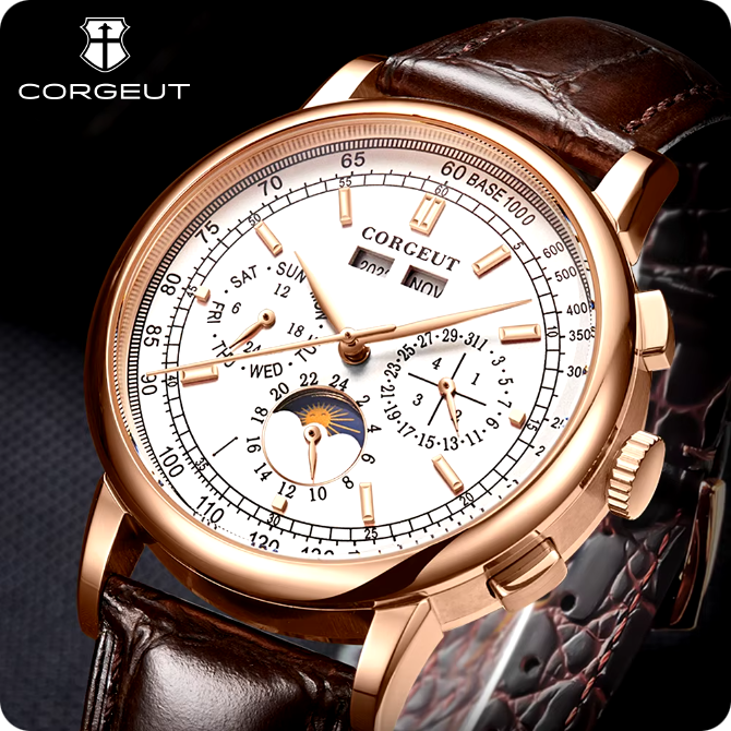 Men's automatic watch, rose gold dial, multifunction, leather strap, polished case, day, date, month
