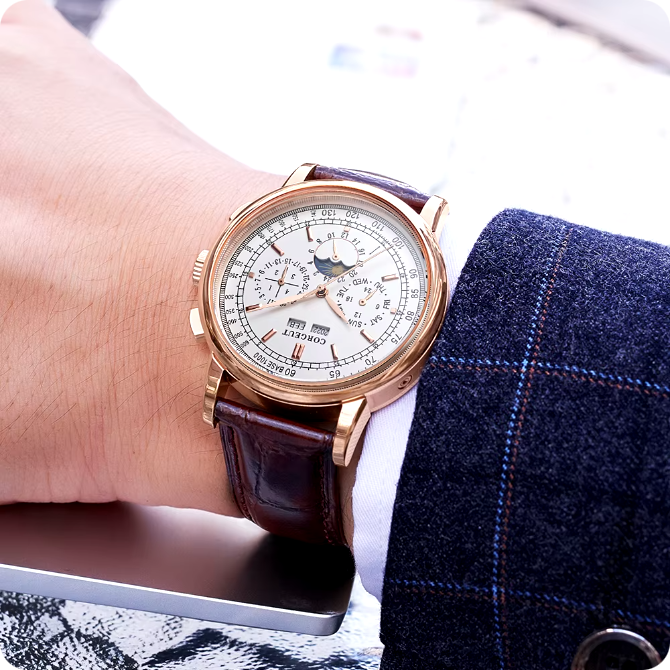 Men's automatic watch, rose gold dial, multifunction, leather strap, polished case, day, date, month